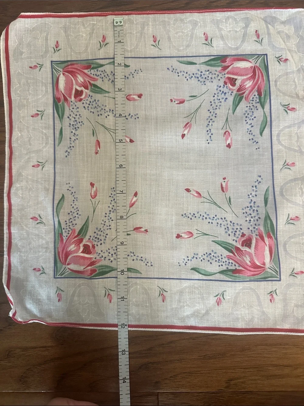Vintage Floral Cotton Handkerchief with Blue Border